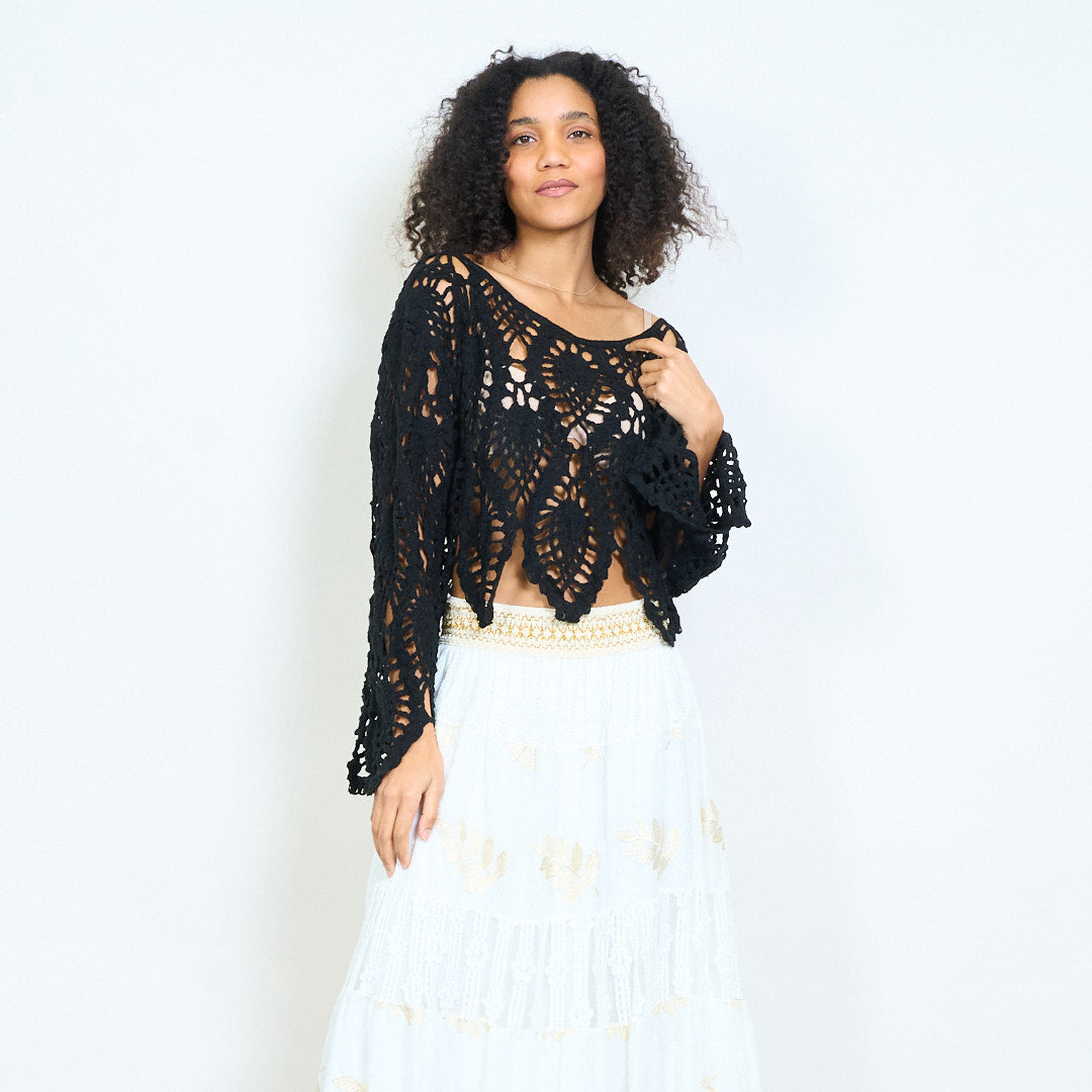 Crochet uni Häkelspitzen-Strickoberteil mit spitzem Saum