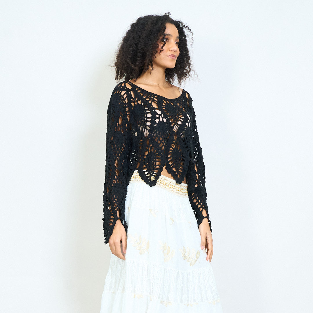 Crochet uni Häkelspitzen-Strickoberteil mit spitzem Saum