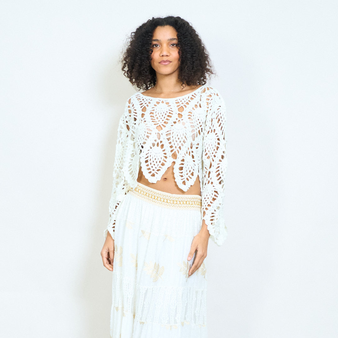 Crochet uni Häkelspitzen-Strickoberteil mit spitzem Saum