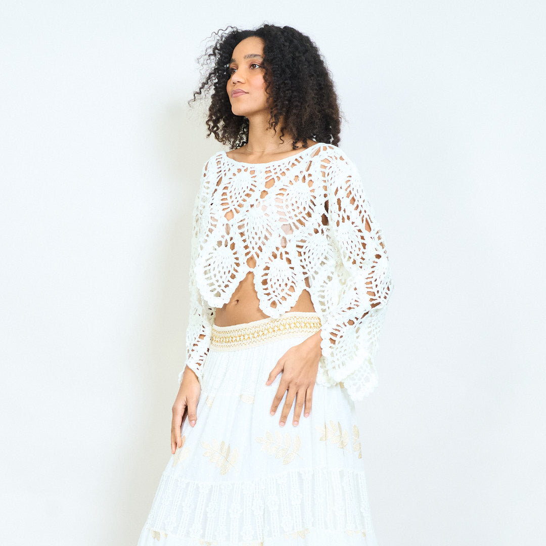 Crochet uni Häkelspitzen-Strickoberteil mit spitzem Saum